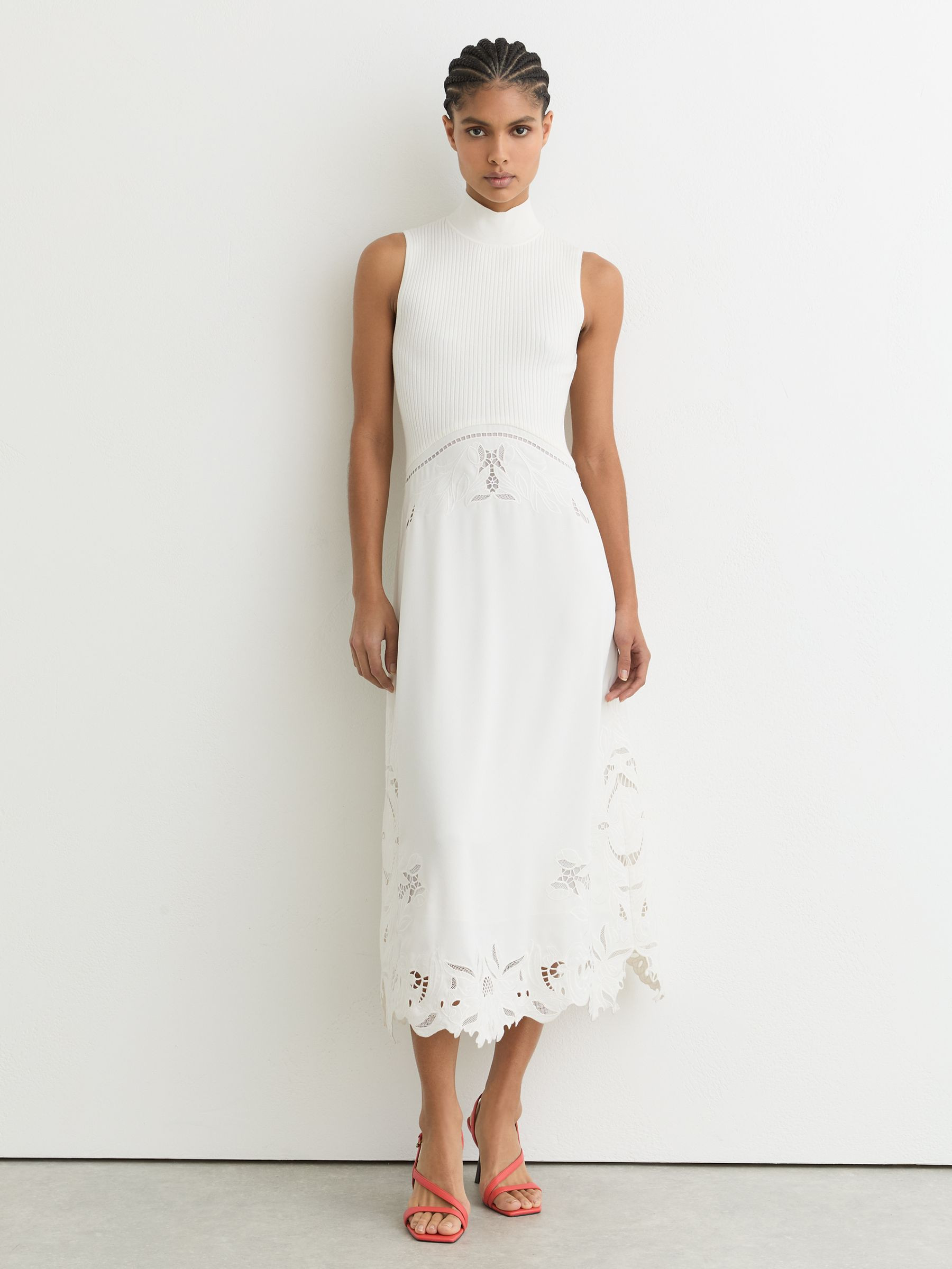 Reiss Knit Woven Midi Dress in Ivory - REISS | Reiss UK