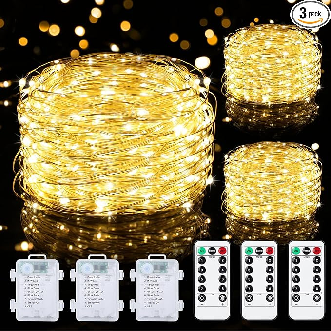 Mlambert 3 Pack 33FT Fairy Lights Battery Operated with Remote and Timer, Waterproof Dimmable 8 M... | Amazon (US)