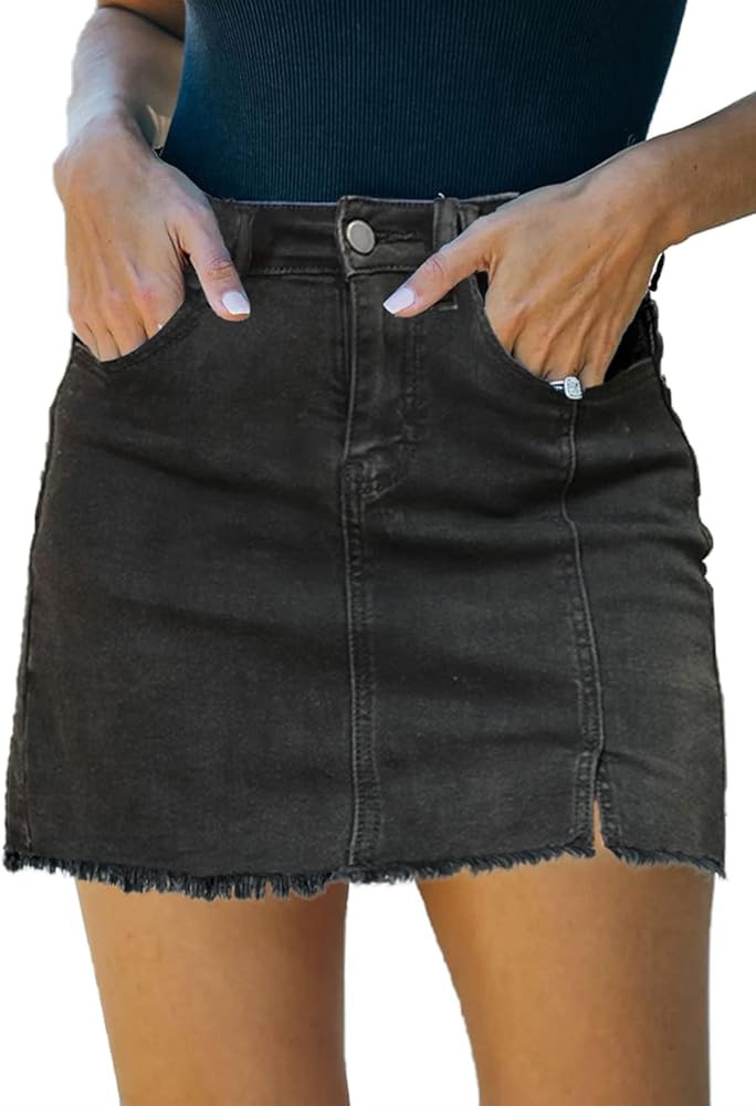 Women’s Denim Mini Skirt High Waist Casual Split Hem Washed Frayed A-line Jean Skirts with Pock... | Amazon (US)