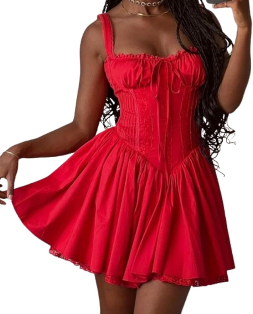 OCUH Corset Dress Y2K Dress Red Dress Bodycon Dress Spaghetti Strap Dresses for Women Ruffle Dres... | Amazon (US)