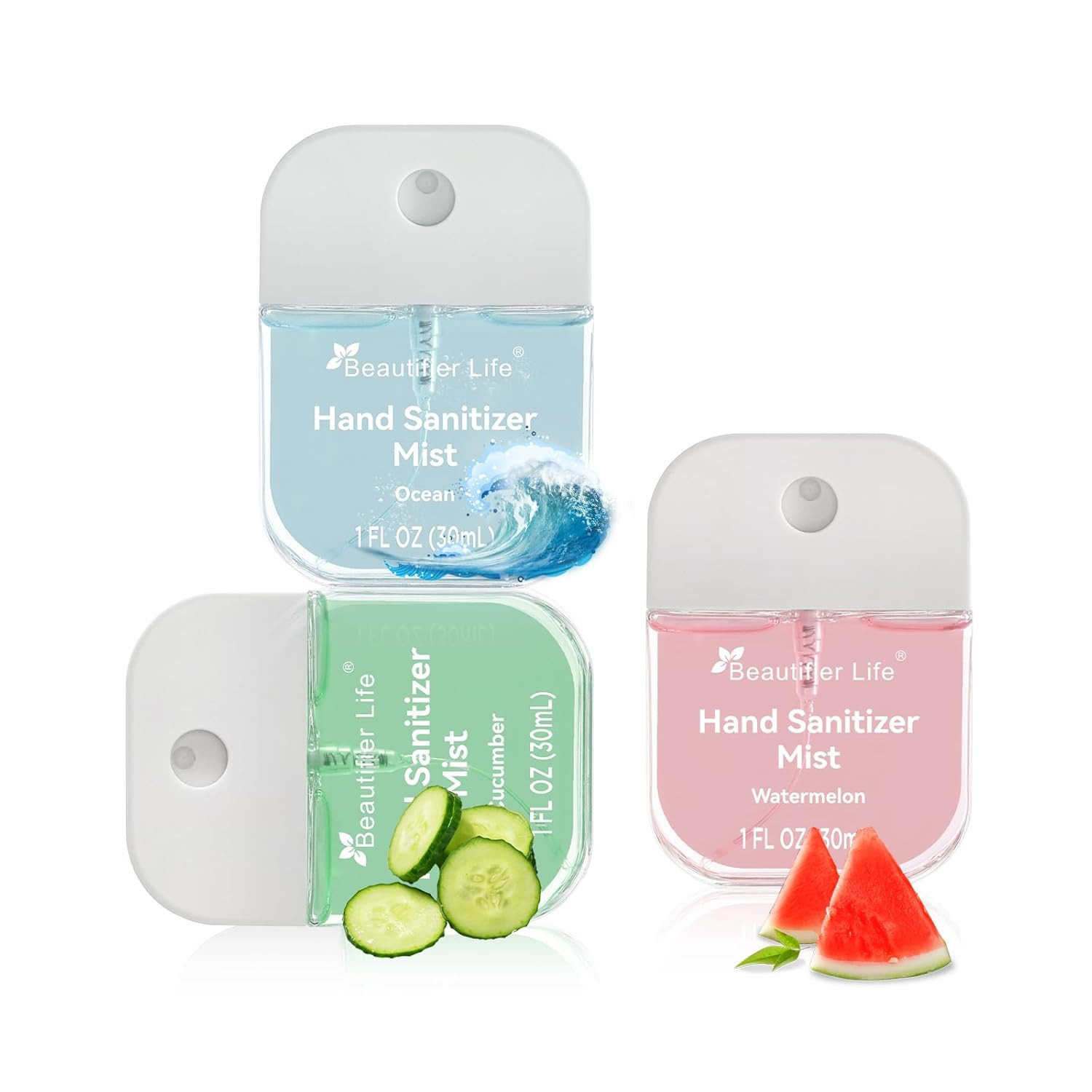 Beautifier Life Mini Portable Hand Sanitizer Spray (3-Pack) - Pocket-Sized 1 Fl Oz Travel, Ultra-Soothing 70% Alcohol Formula, Power Mist, No-Rinse Fast-Dry - Ocean Watermelon Cucumber | Amazon (US)