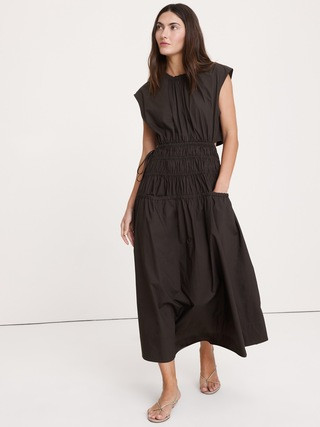 Smocked Cotton Poplin Maxi Dress with Open Back | Banana Republic (US)