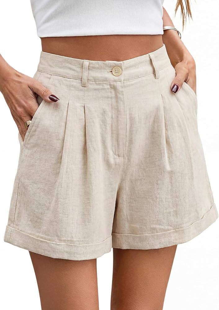 Allimy Womens Summer High Waisted Cuffed Shorts Back Elastic Waistband Pleated Linen Shorts with ... | Amazon (US)