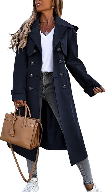 Fisoew Women's Double Breasted Long Trench Coat Windproof Classic Lapel Belted Overcoat with Pock... | Amazon (US)