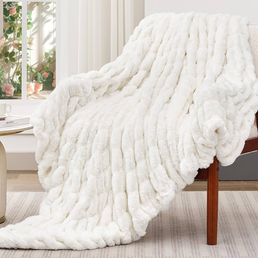 Touchat Ruched Faux Rabbit Fur Throw Blanket, 700 GSM Luxury Dual-Sided Soft Cozy Blanket, Fuzzy ... | Amazon (US)