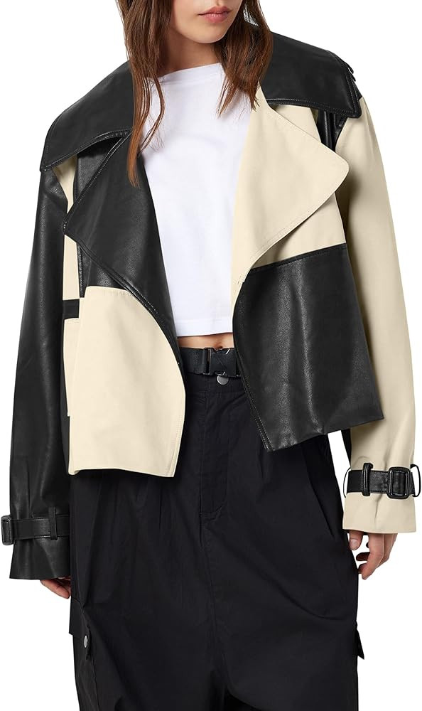 Tankaneo Womens Leather Cropped Jacket Fall Casual Trendy Oversized Color Block Motorcycle Coat | Amazon (US)