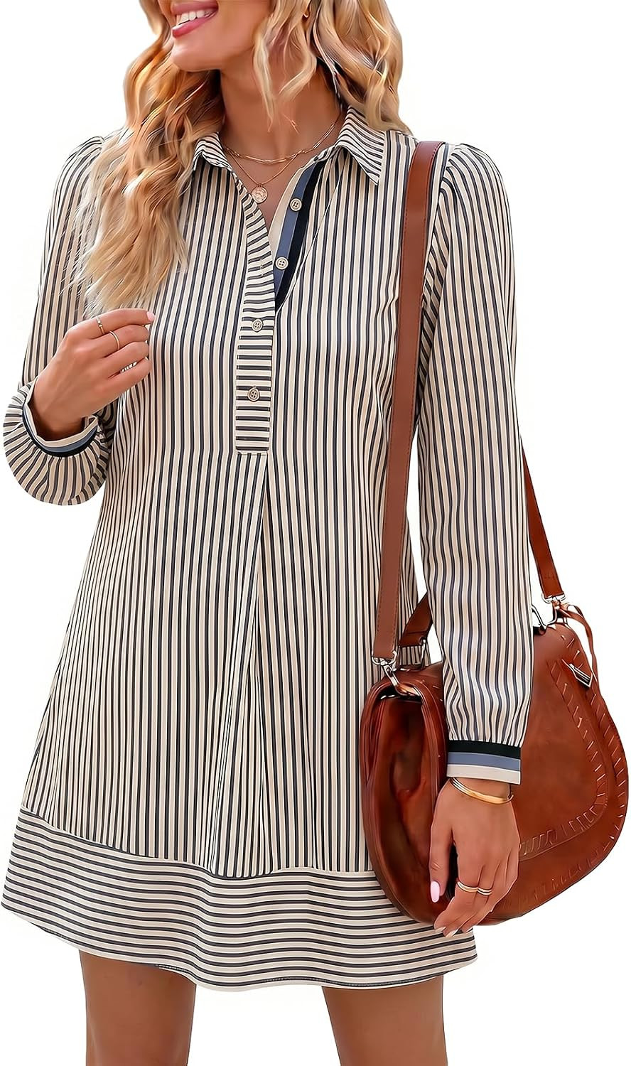 Wenrine Womens Puff Long Sleeve Casual Striped Button Shirt Mini Dresses | Amazon (US)
