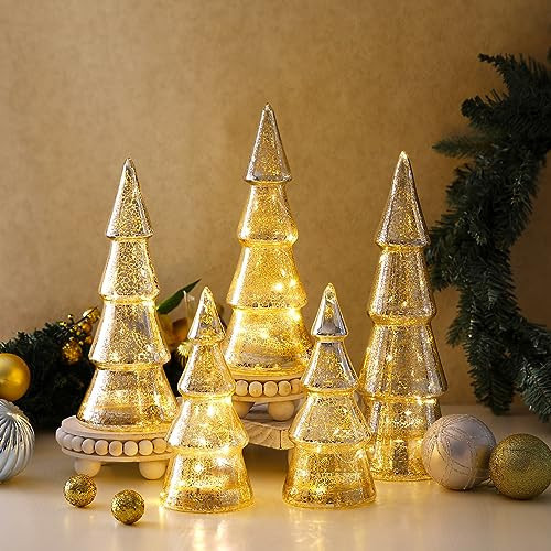 Retisee Set of 5 Gold Mercury Glass Christmas Tree 11 Inch LED Light up Mercury Glass Christmas Tree for Tabletops Vintage Illuminated Shining Table Centerpiece Decor for Home Xmas Holiday Party | Amazon (US)