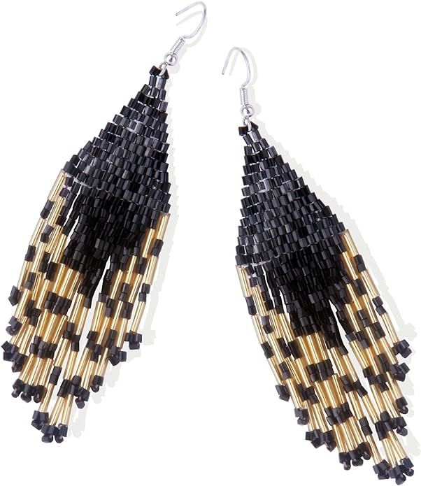 Long Beaded Tassel Earrings - Stripe Bohemian Fringe Dangle Earrings, Seed Bead Tribal Drop Earri... | Amazon (US)