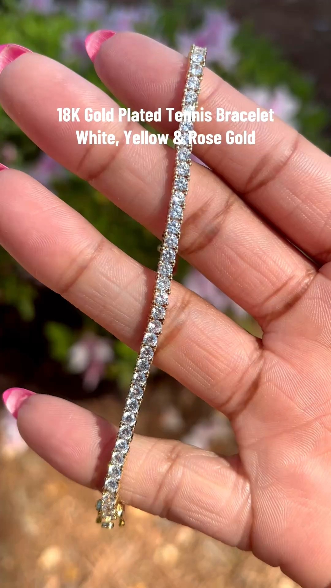 Stunning 18K Gold Plated Tennis Bracelet with Simulated Diamond Crystals #tennisbracelet #simulateddiamonds #goldplated #goldplatedjewelry
