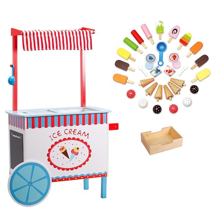 Ice Cream Cart Kids Playstand- Premium Wood 33+ Piece Realistic Wooden Play Set w Money Box, Chal... | Amazon (US)