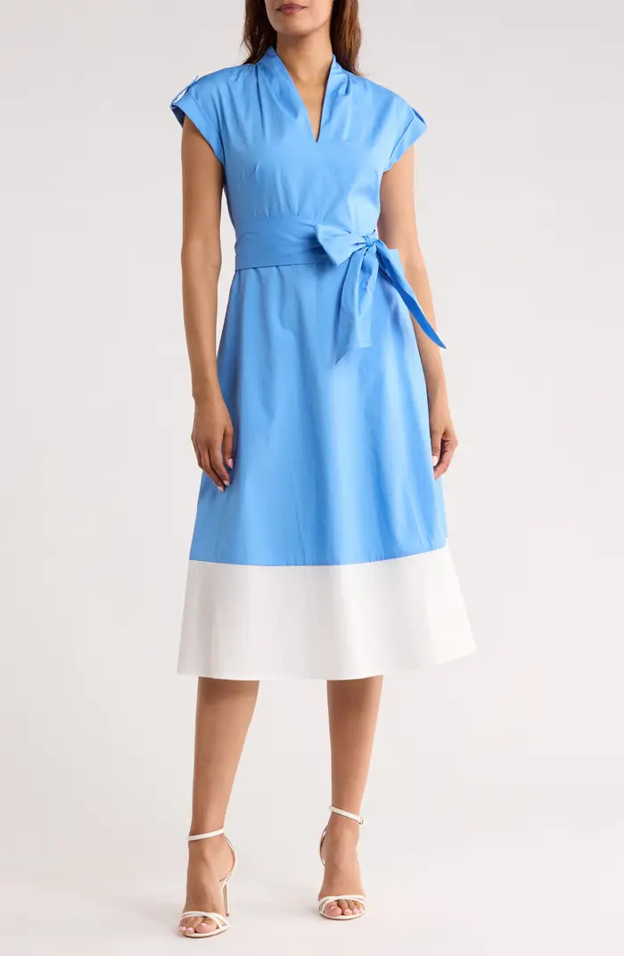 Vince Camuto Colorblock Cap Sleeve Cotton Poplin Midi Dress | Nordstromrack | Nordstrom Rack