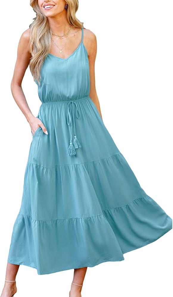 CUPSHE Women's Summer Dresses Casual V Neck Elastic Waist Maxi Tiered Dress with Pockets | Amazon (US)