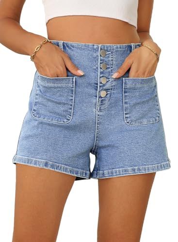 Sidefeel Women's Jean Shorts Button Fly Stretchy High Waisted Summer Denim Shorts Pants with Pock... | Amazon (US)
