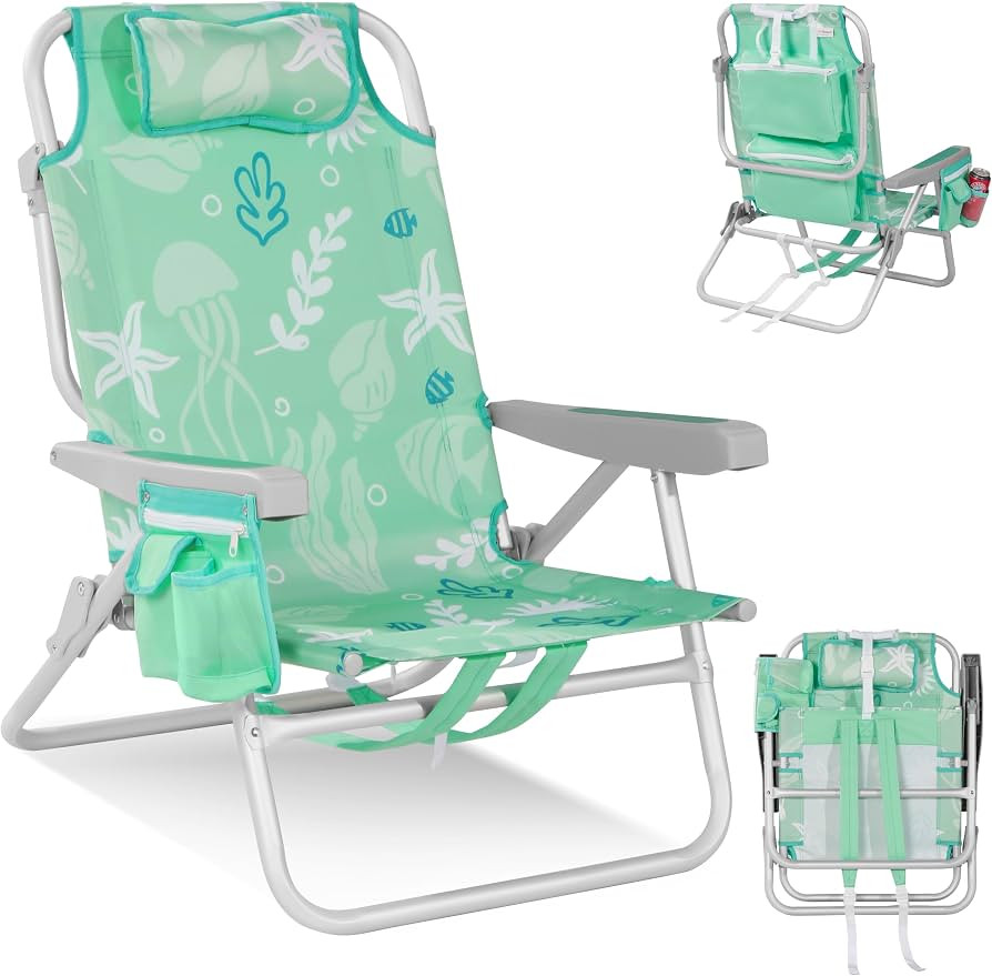 Low Beach Chairs for Adults - 5-Position Lay-Flat Backpack Chair with Large Insulated Cooler & St... | Amazon (US)