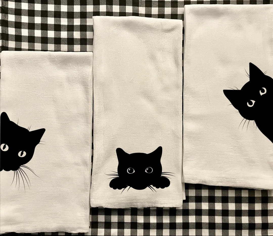 Black Cat Decorative Tea Towel - Etsy | Etsy (US)
