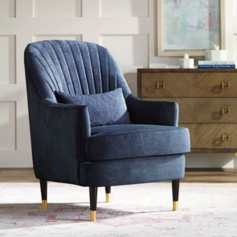 Austen Navy Velvet Tufted Armchair with Pillow | Lamps Plus