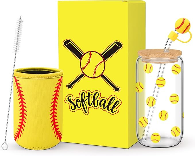 Softball Lovers Gifts, 16 oz Glass Iced Coffee Cup with Straw Stopper and Mug Sleeve, Softball Gl... | Amazon (US)