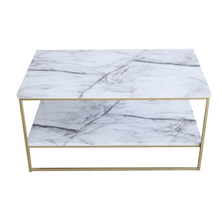 Roomfitters White Marble Print Coffee Table with Gold Metal Legs, 2 Tier Living Room Table | Walmart (US)