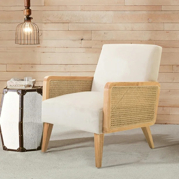 14 Karat Home Mid-century Accent Chair with Rattan Armrests, Fabric Upholstered Wooden Reading Ar... | Walmart (US)