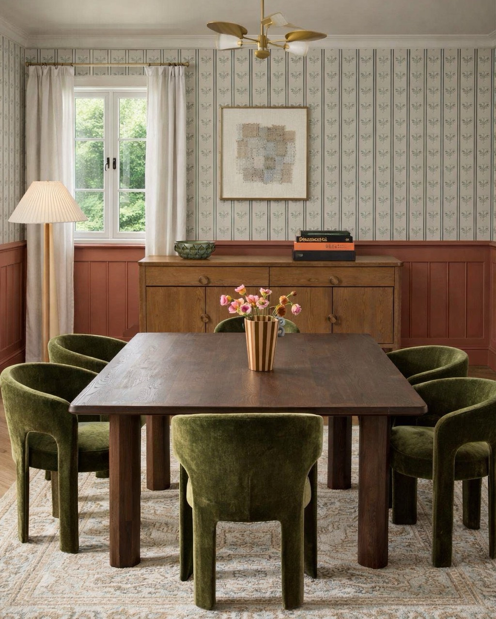 Gorgeous dining room design! Dining table from West Elm and beautiful dining chairs from Wayfair. Affordable wallpaper, neutral rug and a beautiful chandelier from West Elm. #diningroom #springdecor #moodboard

#LTKSeasonal #LTKHome