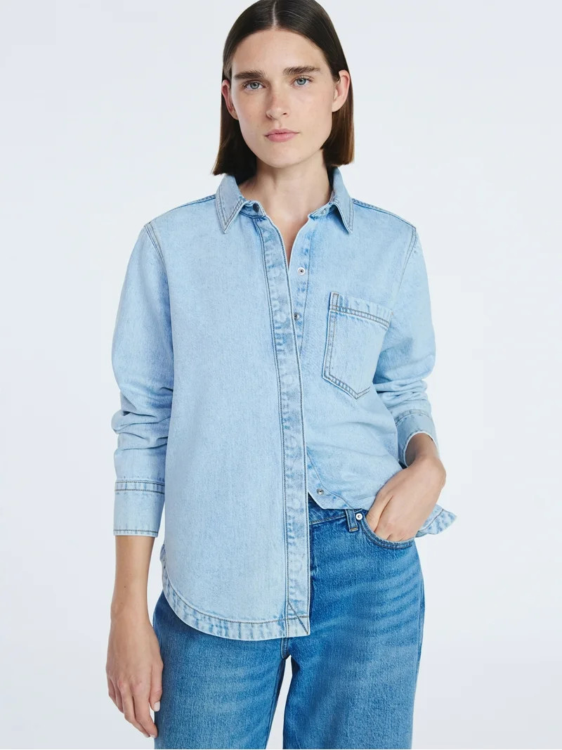 Free Assembly Women's Button Up Denim Shirt with Long Sleeves, Sizes XS-XXL | Walmart (US)