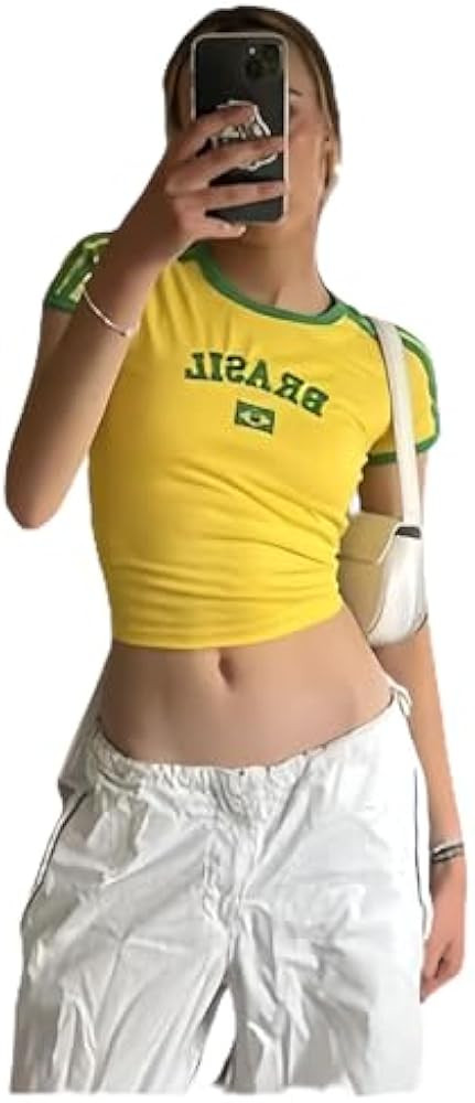 Vintage Graphic Baby Tees for Women Brazil Shirt Y2k Tops Mexico Crop Jersey 2000s Summer Going O... | Amazon (US)