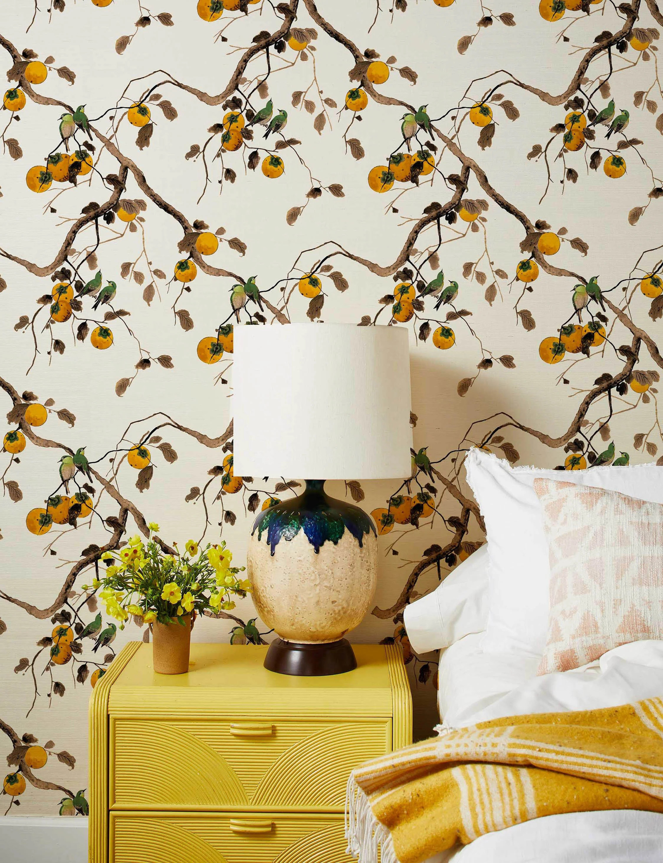 Persimmon Birds Grasscloth Wallpaper by Nathan Turner | Lulu and Georgia 