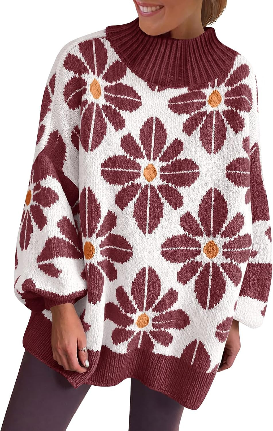 Saodimallsu Women Floral Oversized Sweaters Mock Neck Chunky Knit Tunic Top | Amazon (US)