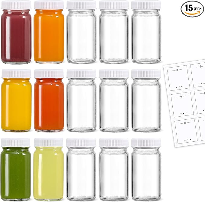 15 Pack 2 oz Glass Shot Bottles w/ White Lids & 15 Labels - Small Clear Jar for Ginger, Wellness ... | Amazon (US)
