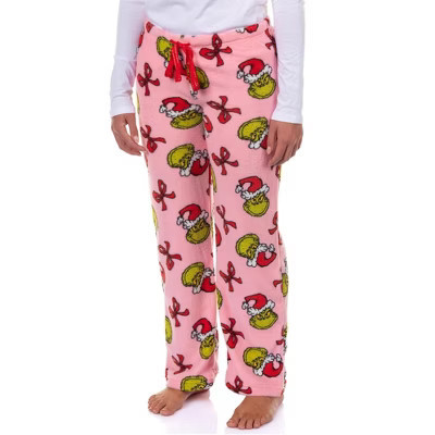 Dr Seuss The Grinch Pajamas Women's Bow and Santa Hat Aop Lounge PJ Pants (Medium) Pink | Target