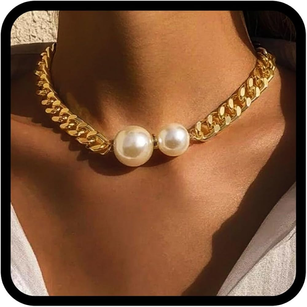 TWINKLEDE Gold Choker Necklaces for Women Pearl Pandent Cuban Link Chian Chunky Necklace | Amazon (US)