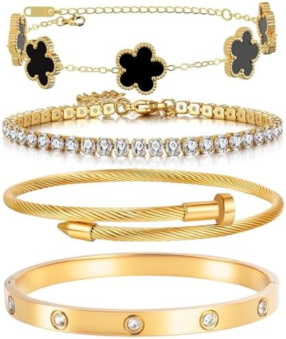 18K Gold Plated Womens Stackable Floral Bracelets Set,Twisted Cable Bangle,Trendy Jewelry,Waterpr... | Amazon (US)