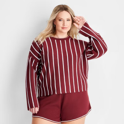 Women's Crewneck Sweater - Future Collective Burgundy Striped 1X | Target