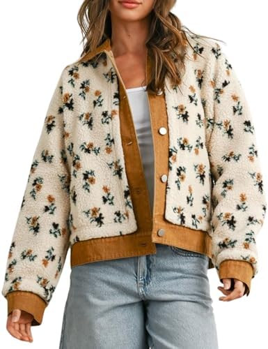 Meyhad Women's Floral Sherpa Jacket Open Front Denim Collar Fleece Jackets Oversized Outerwear wi... | Amazon (US)
