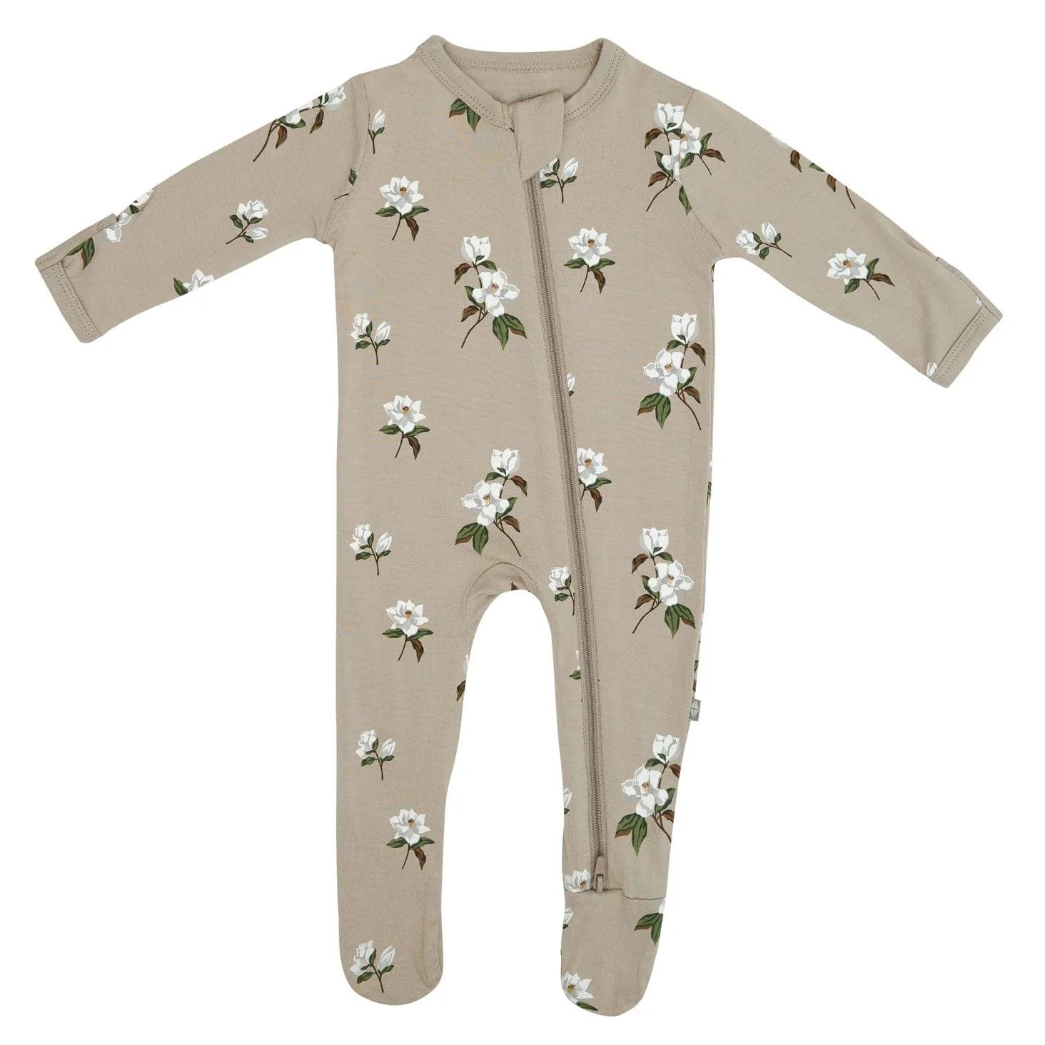 Zippered Footie in Small Magnolia on Khaki | Kyte BABY