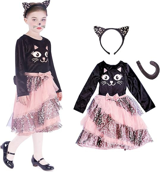 Halloween Black Cat Costume for Girls with Pink Tutus, Cat Ears Headband and Tail, Bow Collar, Ca... | Amazon (CA)