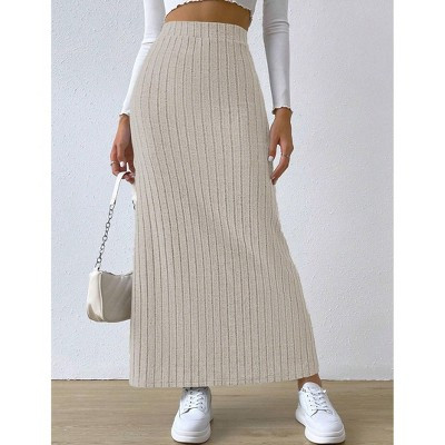Women High Waist Ribbed Knit Skirt Slim Fit Side Slit Bodycon Long Skirt Midi Skirt, Apricot, L | Target