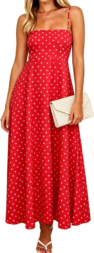 Women's Summer Maxi Dresses Spaghetti Strap Polka Dot Striped Flowy Swing Beach Vacation Sundress | Amazon (US)
