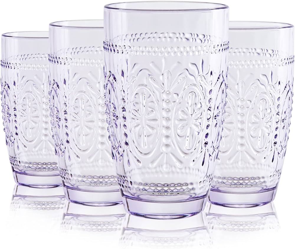 CREATIVELAND 4 Pack Colored Vintage Drinking Glasses, 15.5 oz Romantic Embossed Water Glasses, Co... | Amazon (US)
