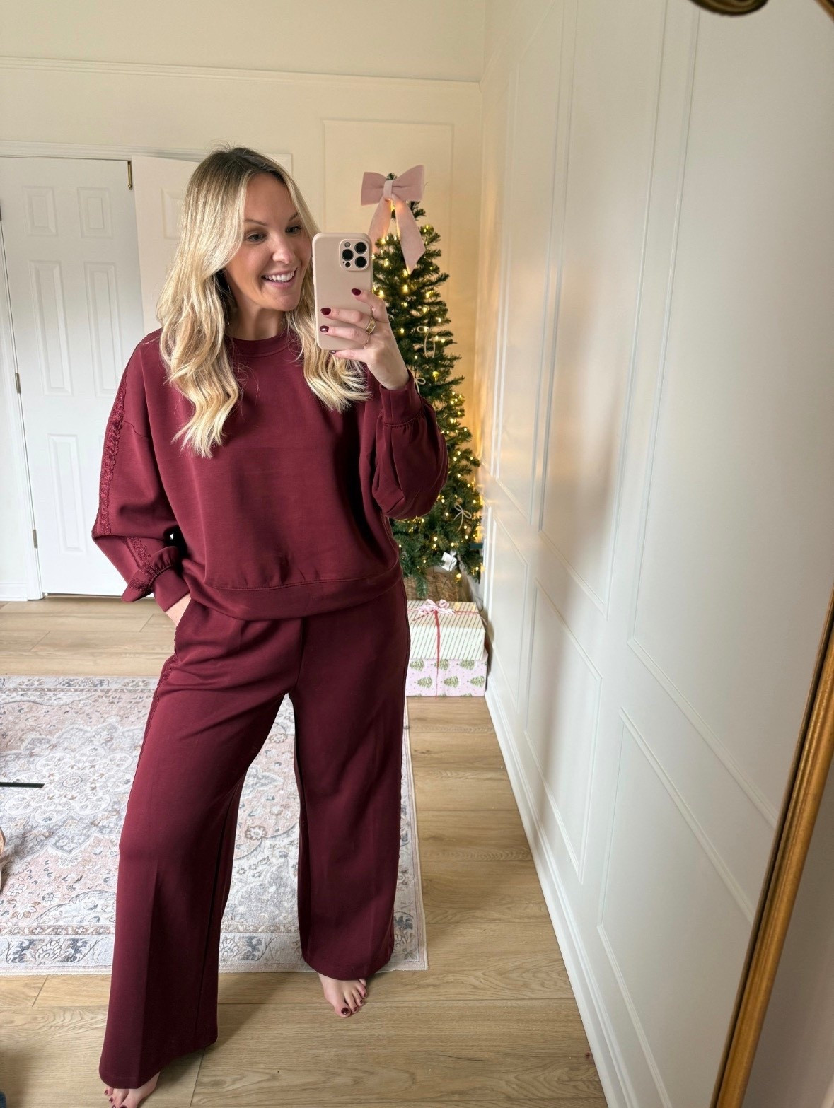 Lace trim detail on this lounge set 😍 casual winter outfit - med top and large in the pans 

#LTKSeasonal #LTKMidsize #LTKFindsUnder50