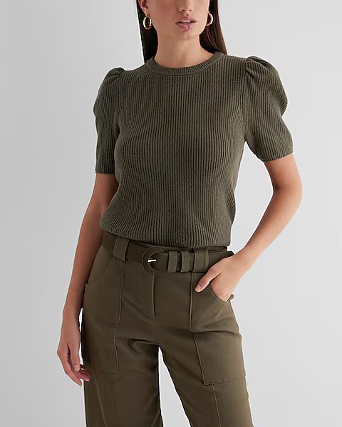 Ribbed Crew Neck Puff Sleeve Sweater | Express