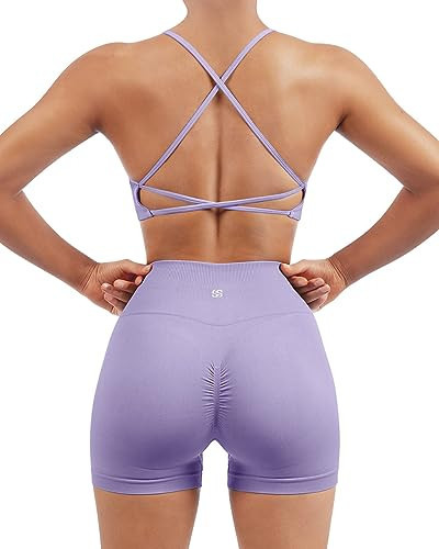 SUUKSESS Women Seamless 2 piece Workout Sets Strappy Padded Sports Bra Booty High Waisted Shorts Outfits (Purple,M) | Amazon (US)