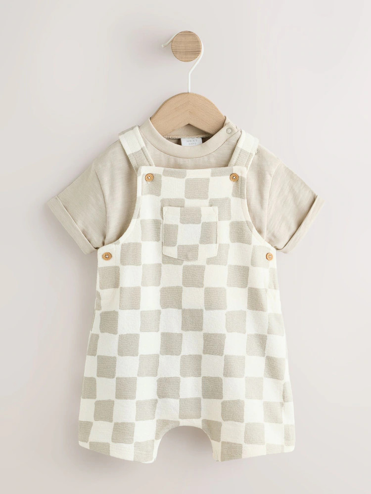 Grey/Neutral Checkerboard Jersey Dungarees and Bodysuit Baby Set (0mths-2yrs) | Next US