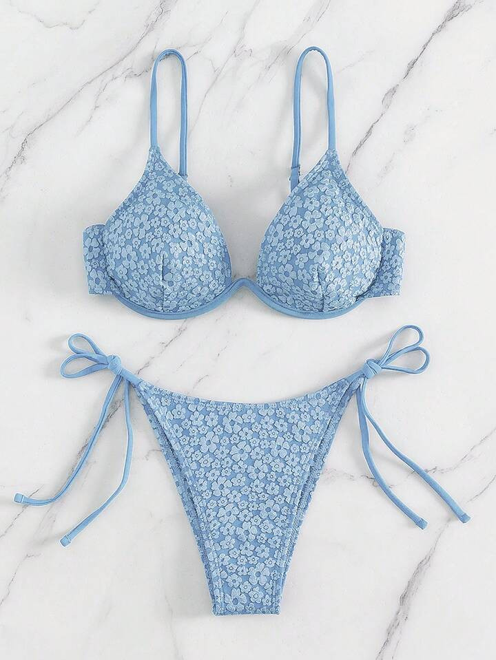 SHEIN Swim Ditsy Floral Pattern Underwire Tie Side Bikini Set | SHEIN USA | SHEIN