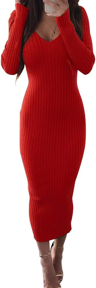 Zyyfly Women Sexy V Neck Long Sleeve Solid Bodycon Midi Dress | Amazon (US)