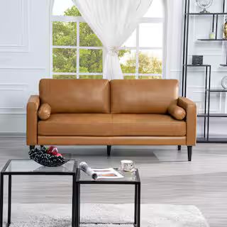 MAYKOOSH 74.5 in. Square Arm Top Grain Genuine Leather Rectangle Sofa in Tan 53881MK - The Home D... | The Home Depot