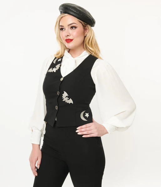Unique Vintage 1940s Black & Silver Bat Button Up Vest | UniqueVintage