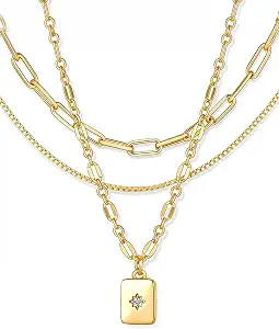 YEEZII Layered Gold Necklaces for Women Trendy, 3 Pcs 14K Gold Plated Choker Paperclip Box Chain ... | Amazon (US)
