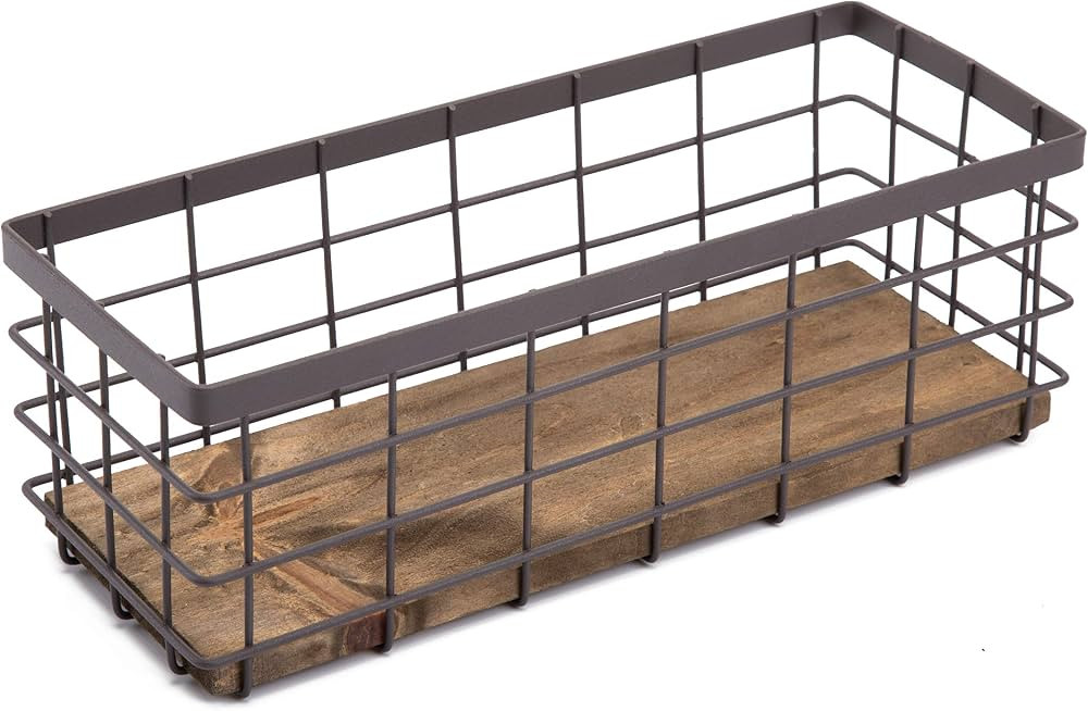 TIEYIPIN Small Metal Wire Storage Basket, Detachable Wood Base Storage Organizer Bin Basket for K... | Amazon (US)